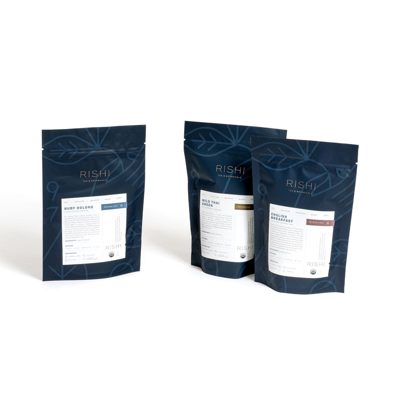 Three Southeast Asia Flight of Tea Bundles by Rishi Tea & Botanicals on a white background.