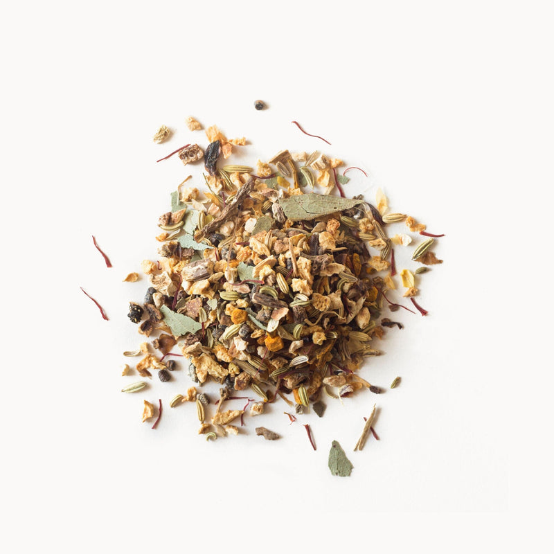 A pile of Rishi Tea & Botanicals' Saffron Bitters on a white background.